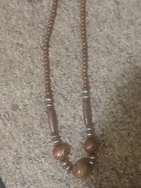 Brown Beaded Natural Stone Necklace with Silver Accents And Earrings